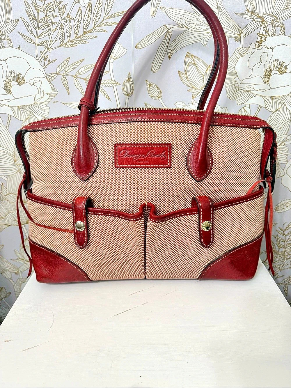 Vintage Dooney & Bourke Houndstooth Career Tote Red & Beige